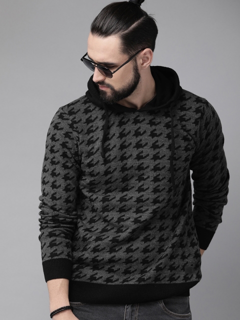 

Roadster Men Grey & Black Woven Design Sweater