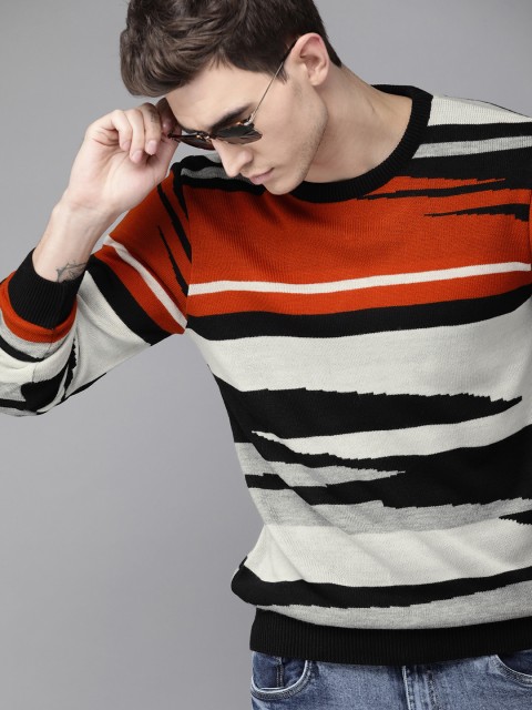 

Roadster Men Grey & Rust Orange Self Design Sweater