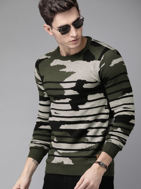 

The Roadster Lifestyle Co Men Olive Green & Black Striped Sweater
