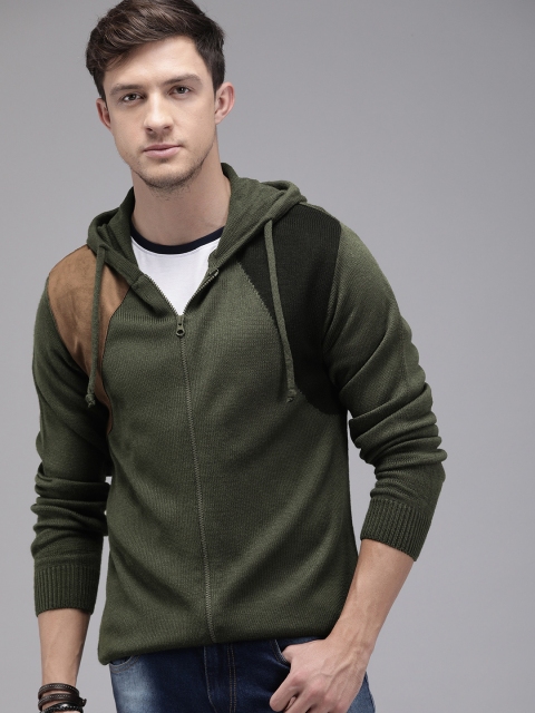 

Roadster Men Olive Green Solid Front-Open Sweater with Colourblocked Detail