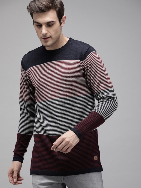 

Roadster Men Navy Blue & Maroon Striped Pullover Sweater
