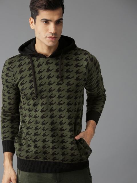 

Roadster Men Olive Green & Black Self Design Sweater