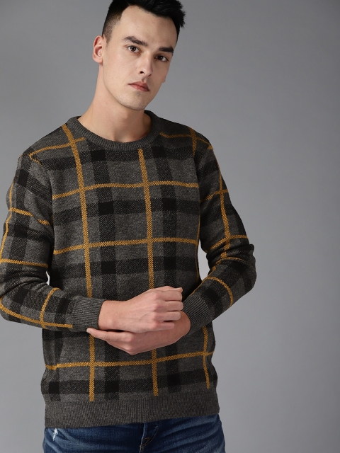 

The Roadster Lifestyle Co Men Charcoal Grey & Mustard Yellow Checked Sweater
