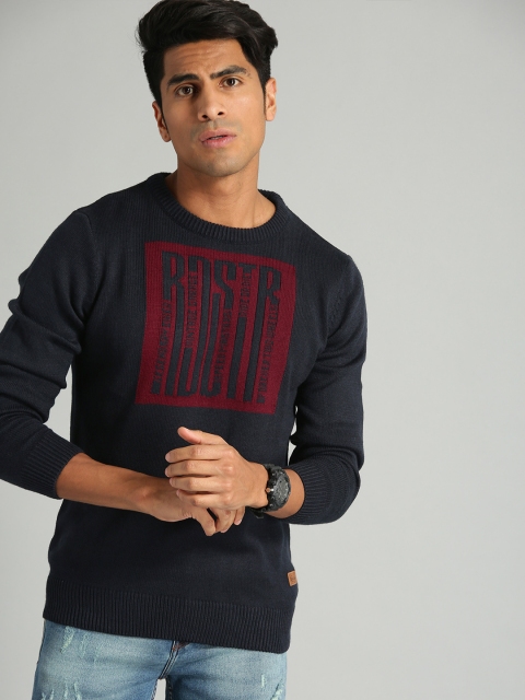 

Roadster Men Navy Blue & Maroon Self Design Sweater
