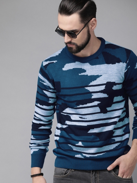 

Roadster Men Navy Blue Striped Sweater