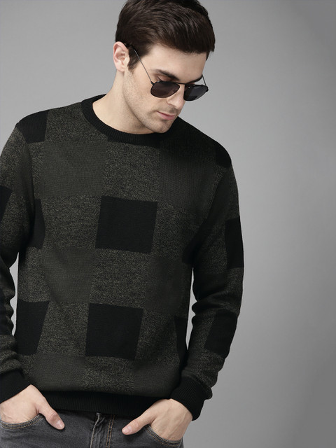 

Roadster Men Charcoal Grey & Black Checked Sweater