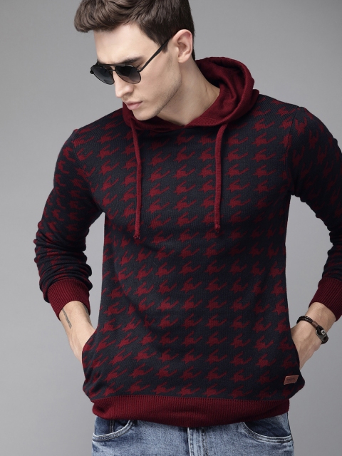

Roadster Men Maroon & Navy Blue Printed Sweater