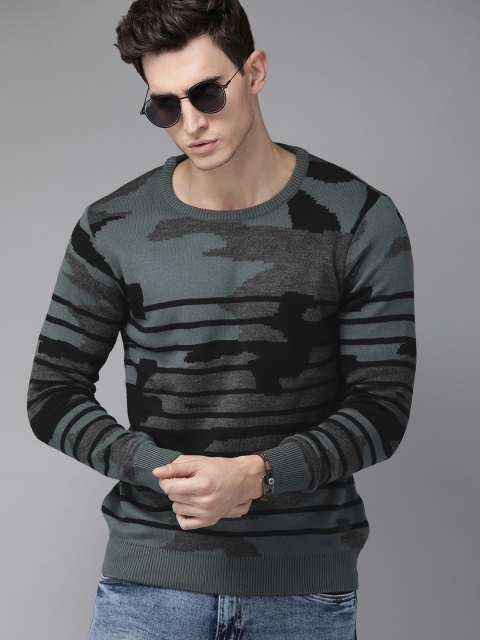 

The Roadster Lifestyle Co Men Charcoal Grey & Black Striped Sweater