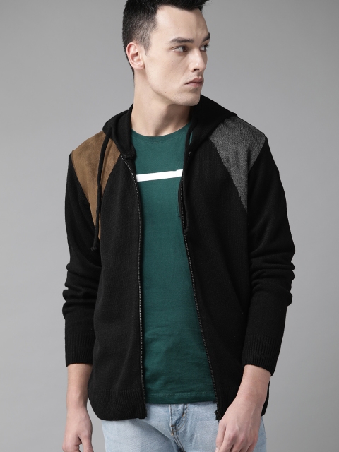 

Roadster Men Black Solid Hooded Cardigan Sweater
