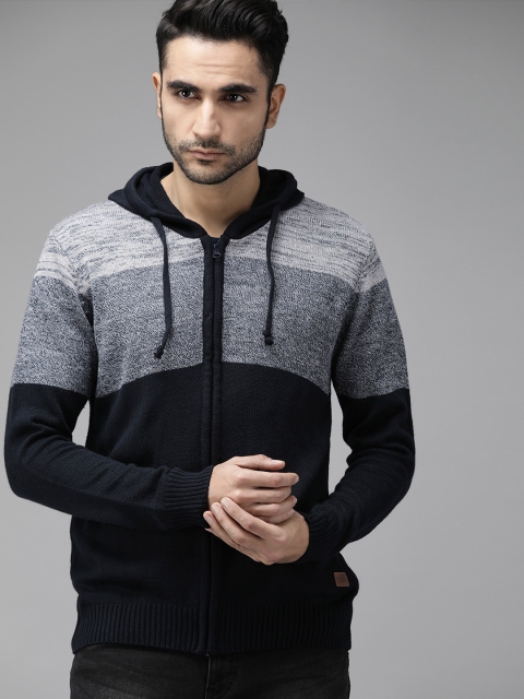 

Roadster Men Black & Grey Grindle Colourblocked Front-Open Sweater