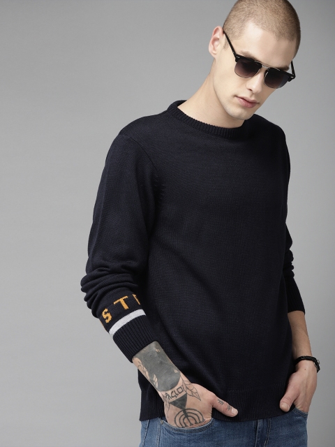 

Roadster Men Navy Blue Solid Sweater