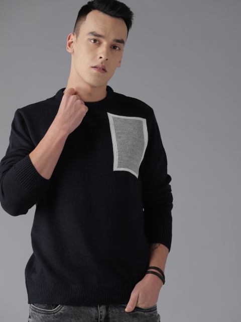 

Roadster Men Navy Blue Solid Sweater