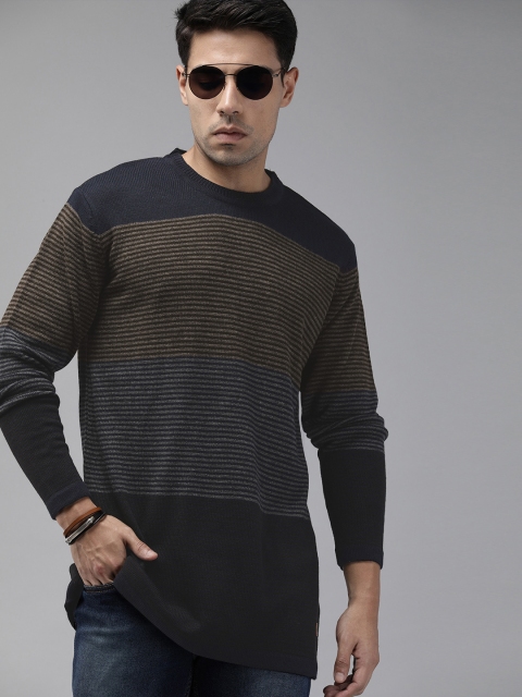 

Roadster Men Navy Blue & Grey Striped Pullover Sweater