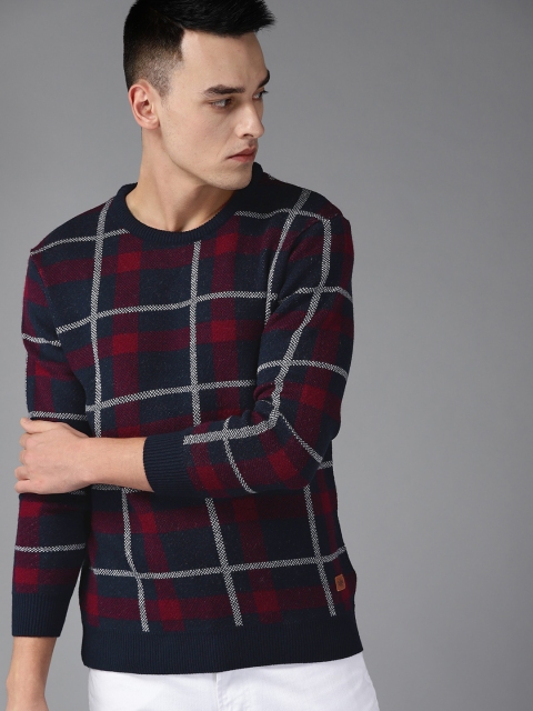 

Roadster Men Navy Blue & Maroon Checked Sweater