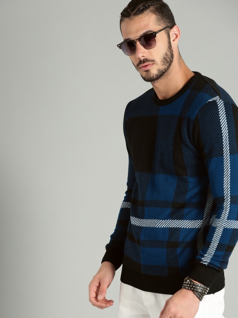 

Roadster Men Black & Blue Checked Sweater