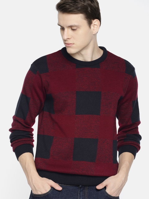 

Roadster Men Maroon & Navy Blue Checked Sweater