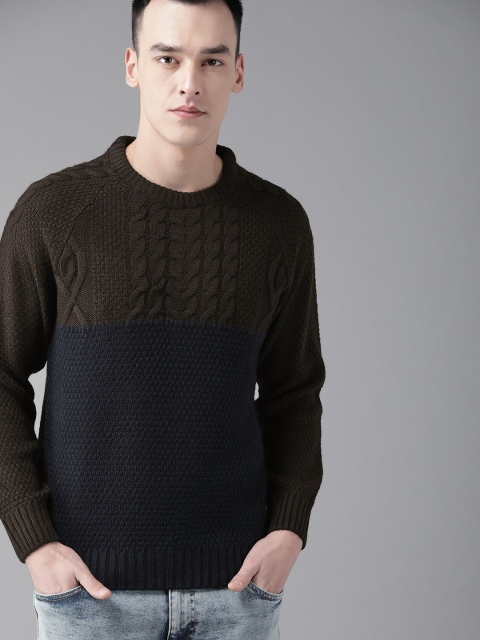 

Roadster Men Brown & Navy Blue Colourblocked Sweater