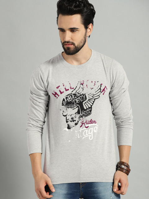 

The Roadster Lifestyle Co Men Grey Melange Printed Round Neck Pure Cotton T-shirt