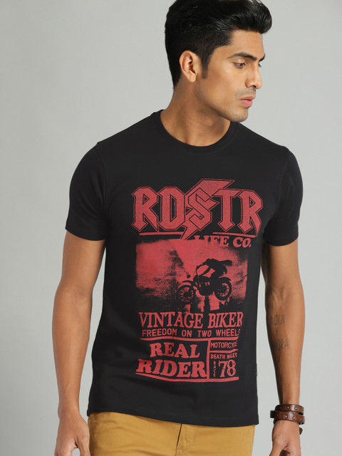 

Roadster Men Black & Red Printed Round Neck T-shirt