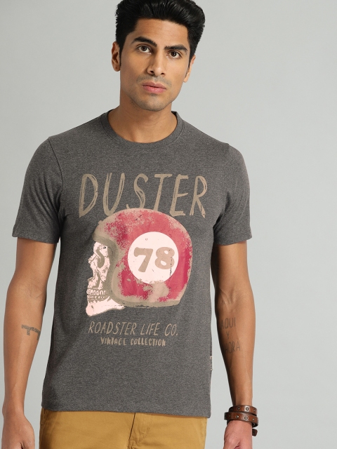 

Roadster Men Grey Printed Round Neck T-shirt