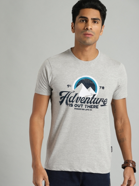 

Roadster Men Grey Melange Printed Round Neck T-shirt