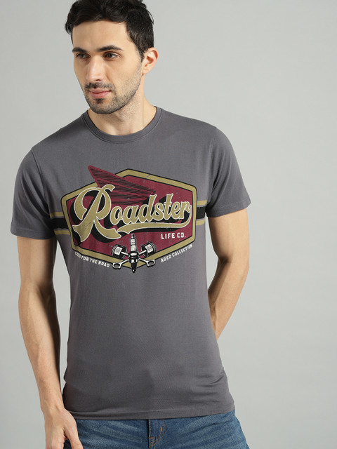 

The Roadster Lifestyle Co Men Grey Printed Round Neck Pure Cotton T-shirt