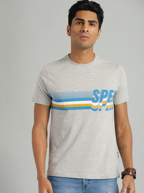 

Roadster Men Grey Melange Printed Round Neck T-shirt