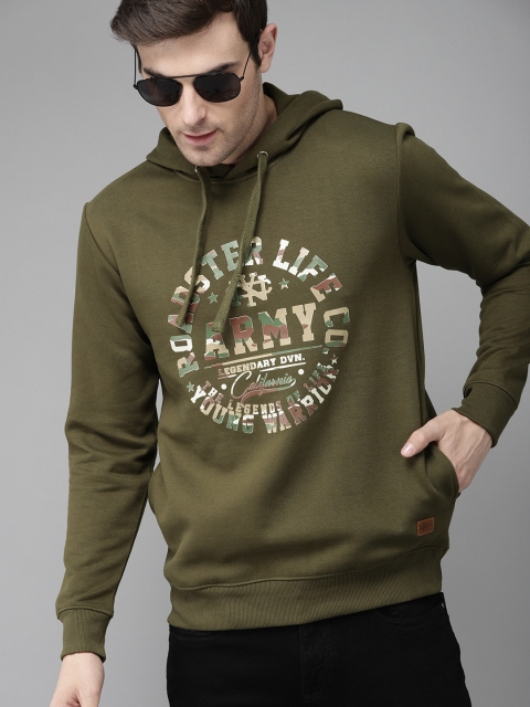 

Roadster Men Olive Green Printed Hooded Sweatshirt