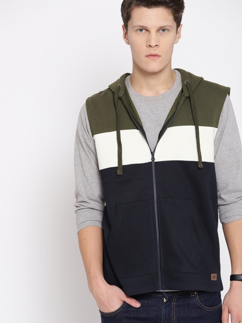 

Roadster Men Navy Blue & Olive Green Colourblocked Hooded Sweatshirt