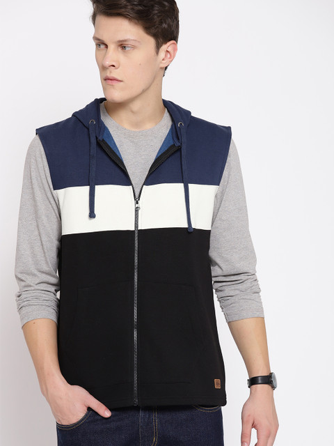 

Roadster Men Black & Navy Blue Colourblocked Hooded Sweatshirt