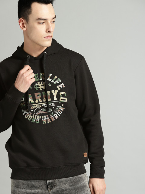 

Roadster Men Black Printed Hooded Sweatshirt