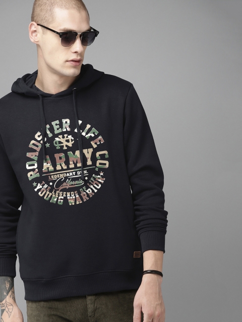 

Roadster Men Navy Blue Printed Hooded Sweatshirt