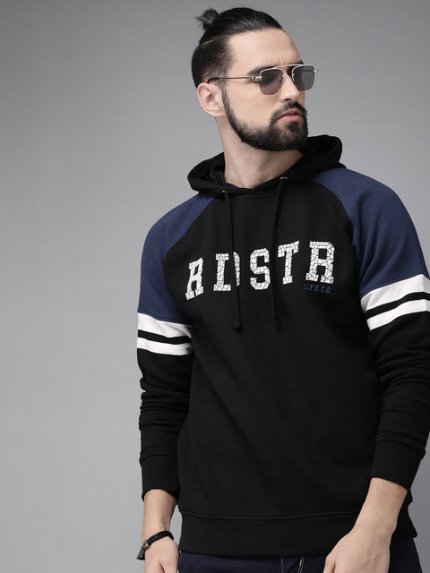 

Roadster Men Black Printed Hooded Sweatshirt