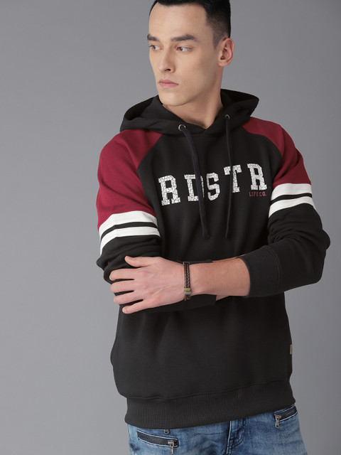 

Roadster Men Black & Maroon Printed Hooded Sweatshirt