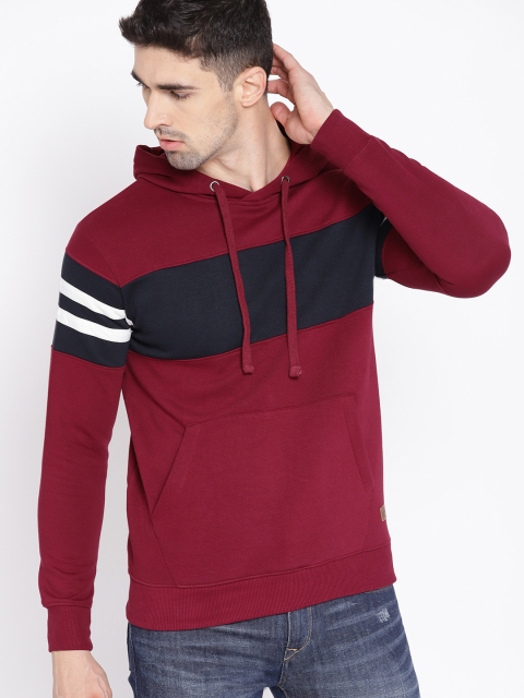 

The Roadster Lifestyle Co Men Maroon & Navy Blue Colourblocked Hooded Sweatshirt