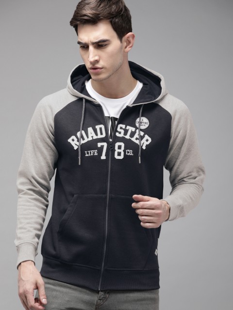 

Roadster Men Navy Blue & Grey Melange Self Design Hooded Front-Open Sweatshirt