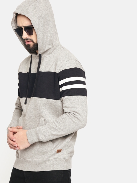 

Roadster Men Grey & Navy Blue Colourblocked Hooded Sweatshirt