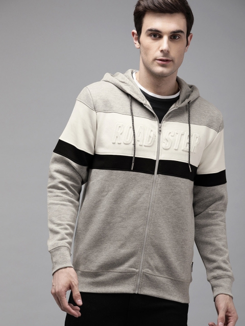 

Roadster Men Grey Melange & White Colourblocked Hooded Front-Open Sweatshirt