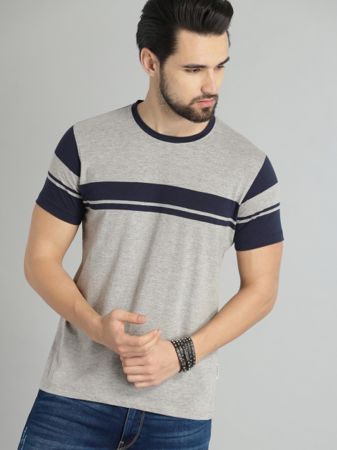 

The Roadster Lifestyle Co Men Grey Navy Striped Pure Cotton T-shirt