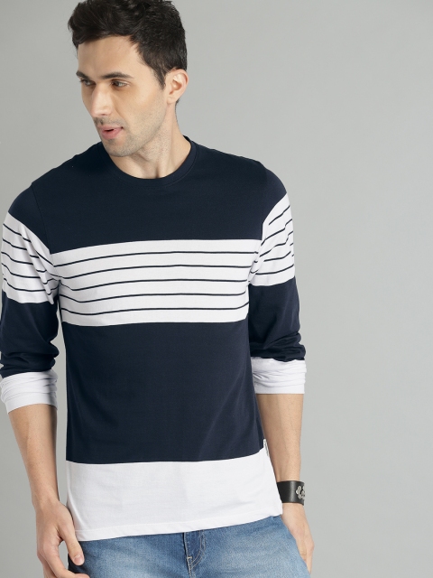 

Roadster Men Navy Blue & White Striped Round Neck T-shirt