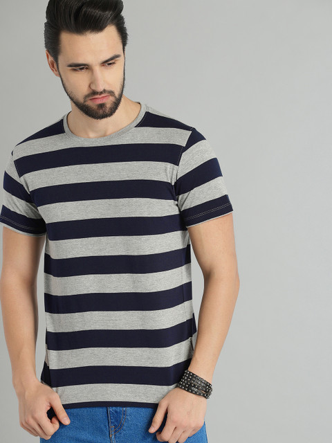 

Roadster Men Grey Melange & Navy Blue Striped Round Neck T-shirt