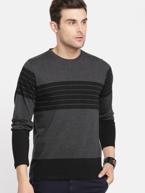 

Roadster Men Charcoal Grey & Black Striped Round Neck T-shirt
