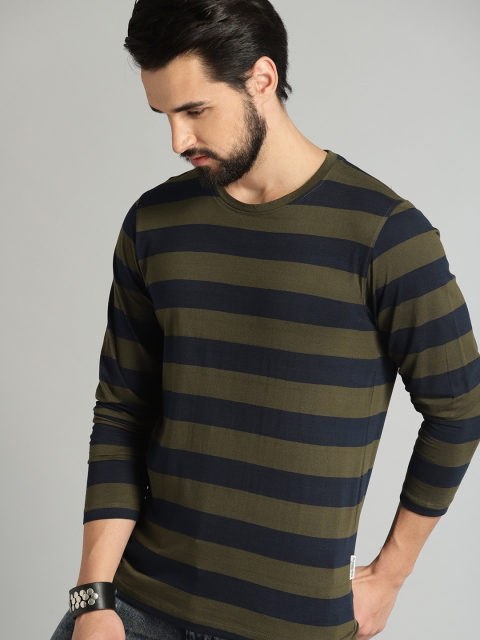 

Roadster Men Olive Green & Navy Blue Striped Round Neck T-shirt