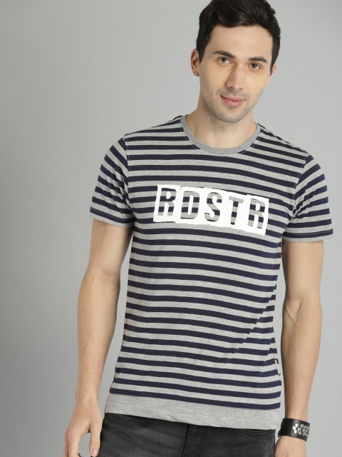 

Roadster Men Grey & Navy Striped T-shirt