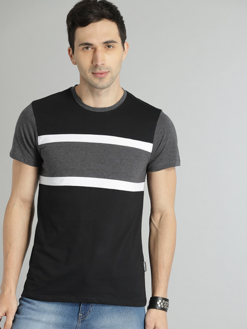 

Roadster Men Black & Charcoal Colourblocked Round Neck T-shirt