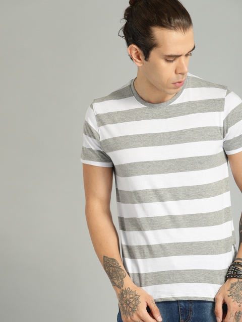 

Roadster Men Grey & White Striped Round Neck T-shirt