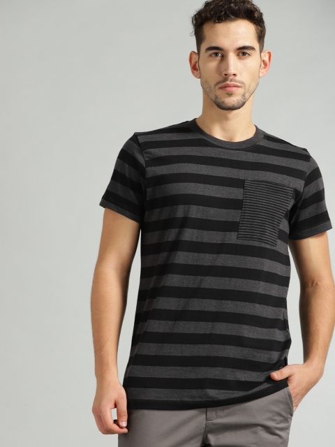 

Roadster Men Charcoal Grey Striped Round Neck T-shirt