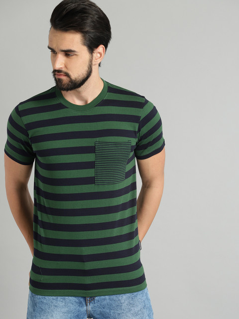 

Roadster Men Green Striped Round Neck T-shirt