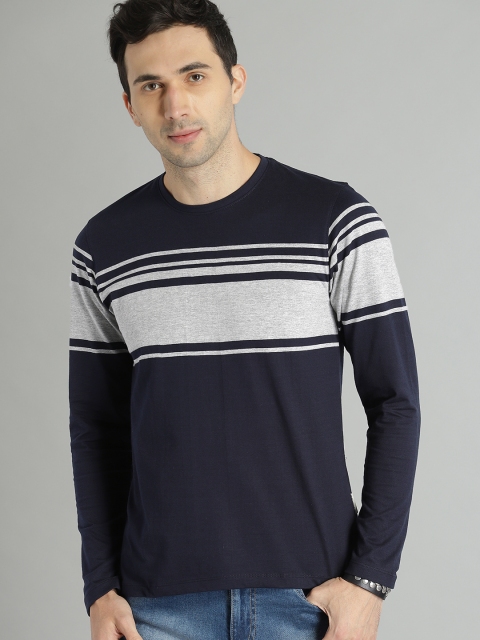 

The Roadster Lifestyle Co Men Navy Blue & Grey Striped Round Neck T-shirt