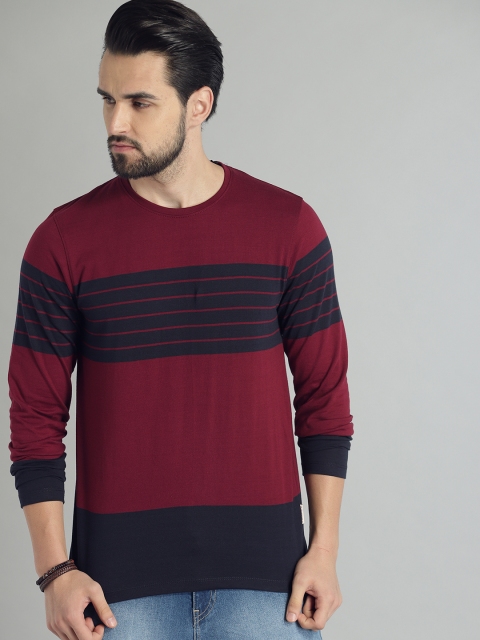 

The Roadster Lifestyle Co Men Red Navy Blue Striped Round Neck Pure Cotton T-shirt